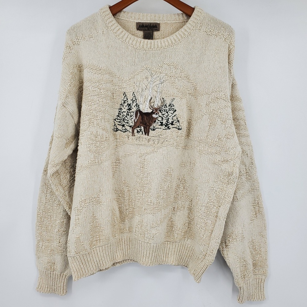 Cedar Falls Vintage 90s XL Embroidered Deer Buck Knit Sweater USA Hunting Nature